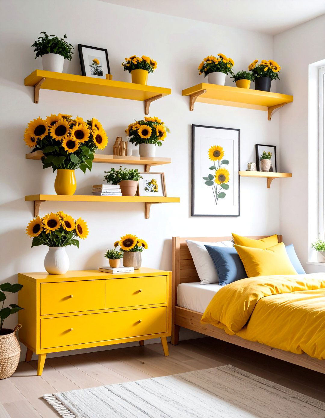 Floating Sunflower Shelves - 20 Sunflower Bedroom Ideas