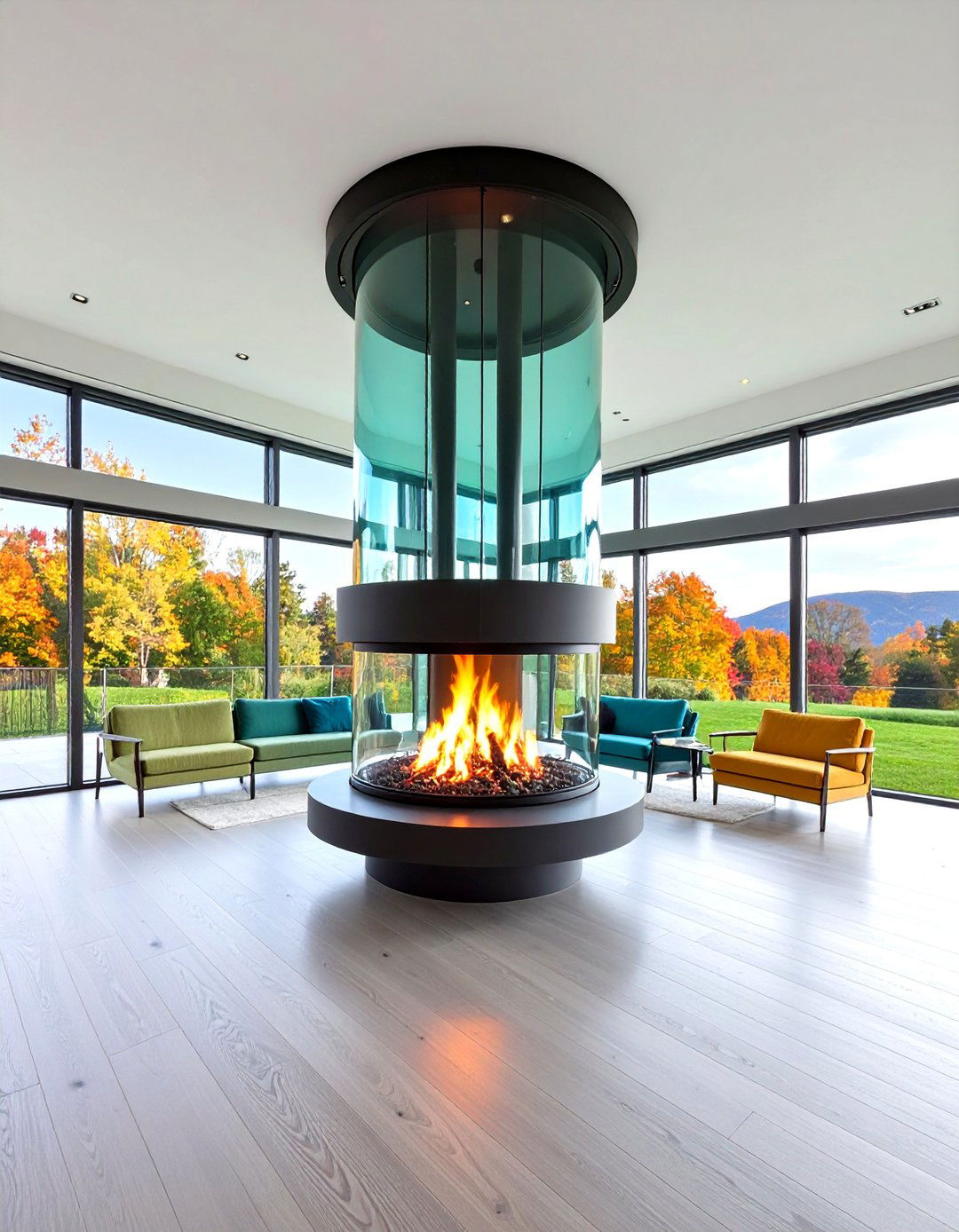 Floating Three Sided Fireplace with Suspended Installation - 20 3 Sided Fireplace Ideas