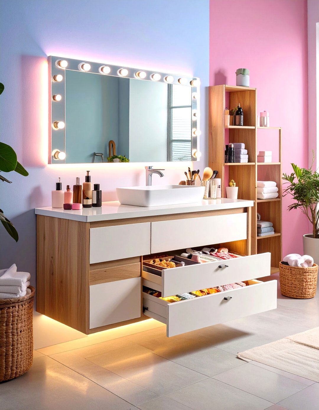 Floating Vanity Drawer Organization With LED Accents - 20 vanity organization ideas