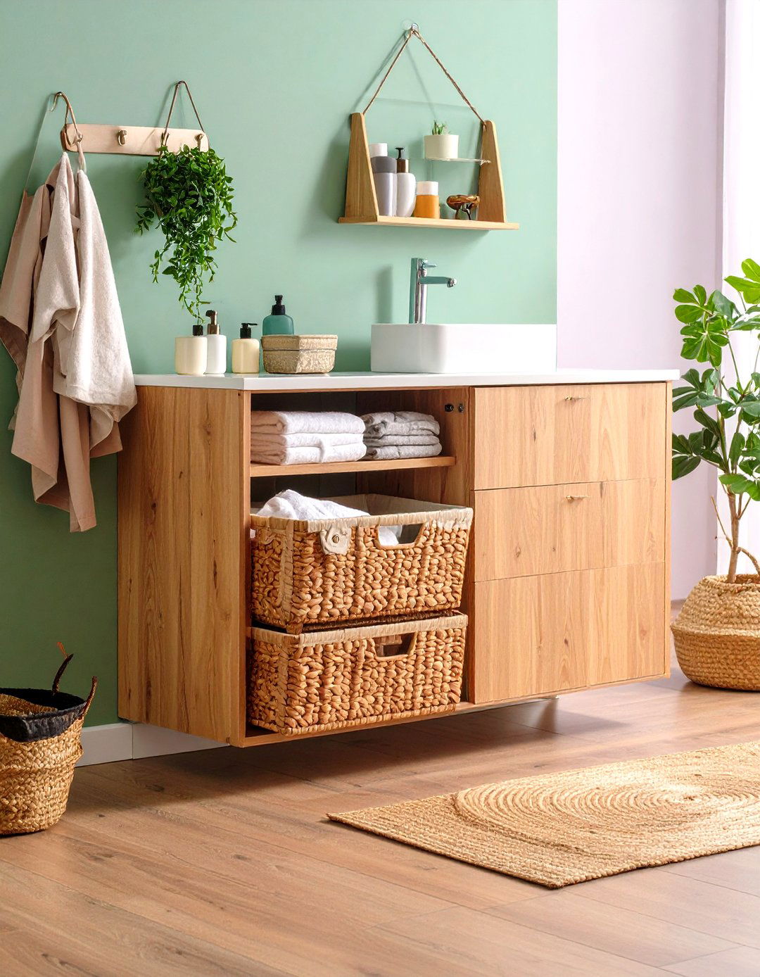 Floating Vanity with Built In Hamper Streamlines Laundry - 20 Floating Vanity Bathroom Ideas