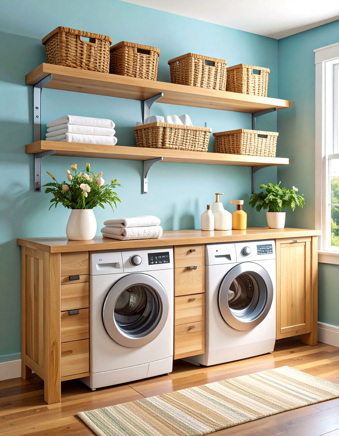Floating Wood Laundry Room Shelf Counter System - 20 Laundry Room Shelf Ideas
