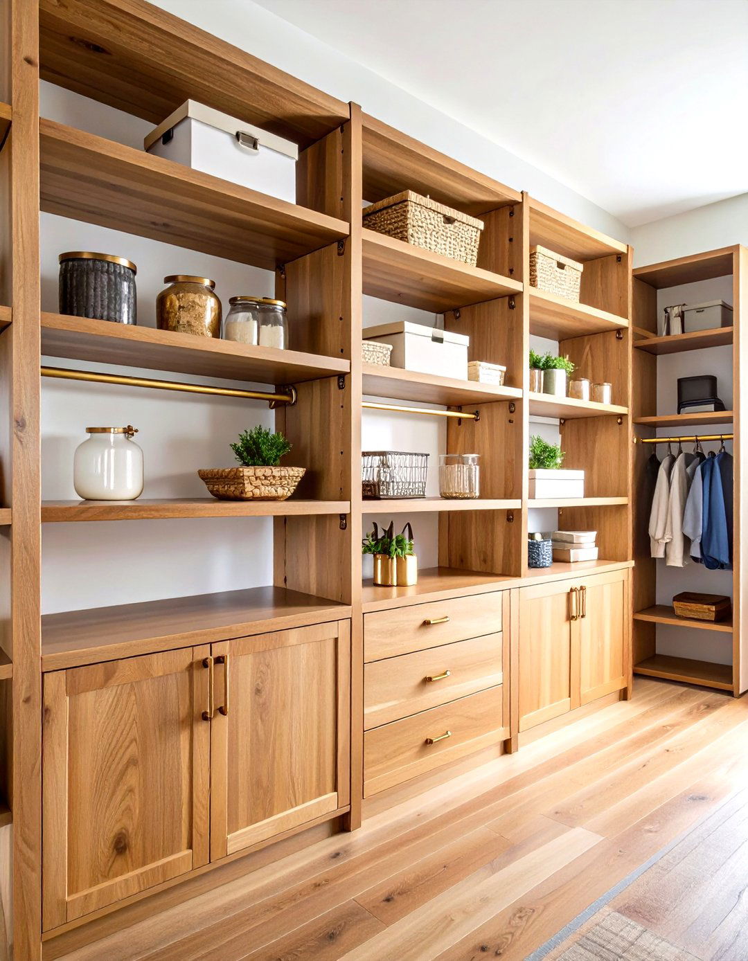 Floating Wood Pantry Shelving with Brass Accents - 20 Pantry Shelving Ideas