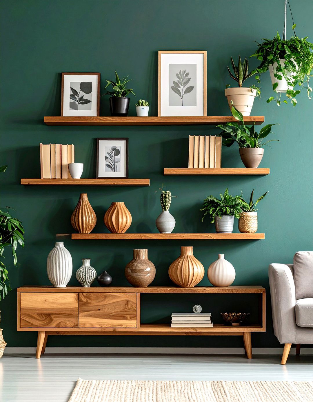 Floating Wood Shelf Ensemble on a Dark Green Accent Wall - 20 Dark Green Accent Wall Ideas