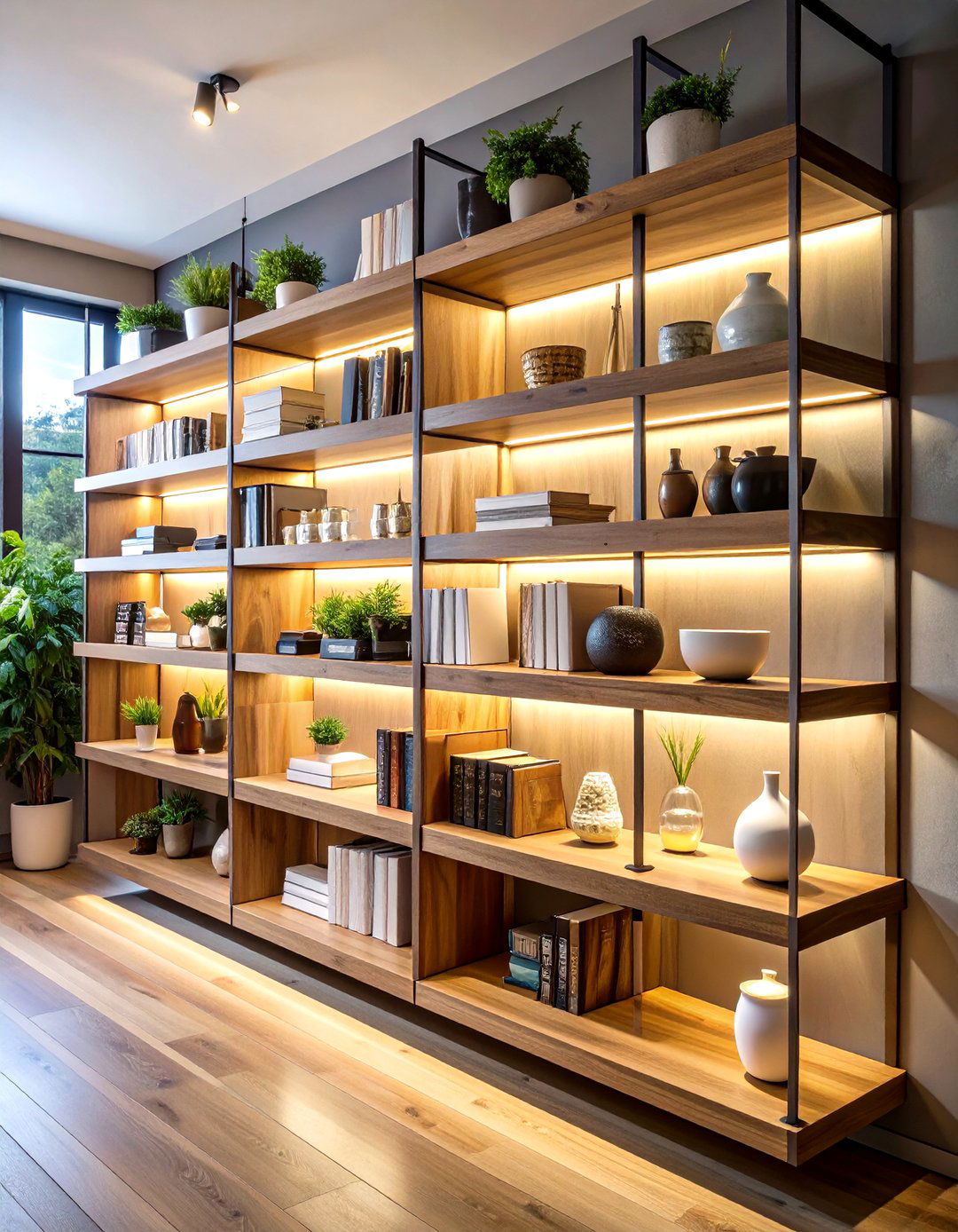 Floating Wood Shelves Showcasing Stoneware - 20 Farmhouse Wall Decor Ideas