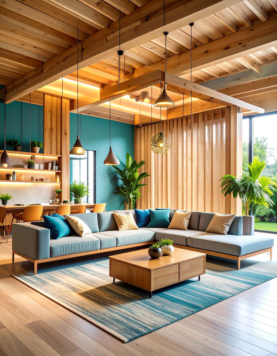 Floating Wooden Beam Room Divider with Suspended Display - 20 Room Divider Ideas