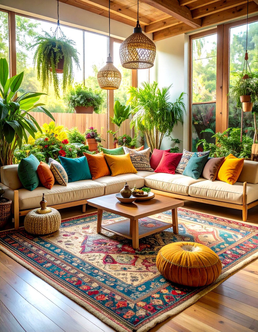 Floor Cushion Boho Living Room Gathering Space - 20 Colorful Boho Living Room Ideas