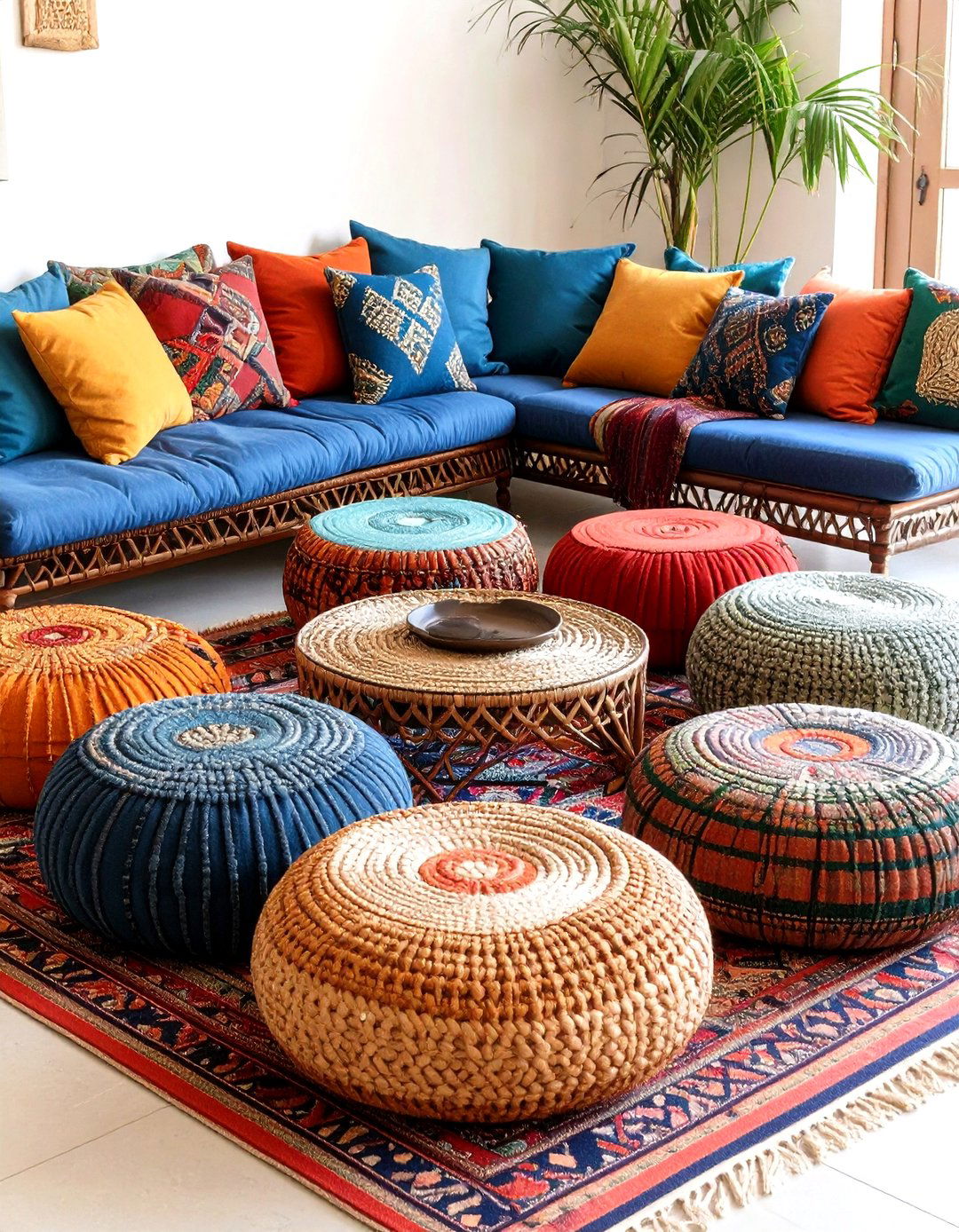 Floor Seating with Poufs Lowers the Boho Living Room Horizon - 20 Boho Living Room Ideas