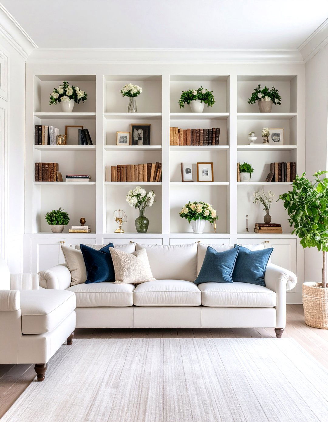 Floor to Ceiling Built In Living Room Bookshelf with Crown Molding - 20 Living Room Bookshelf Ideas
