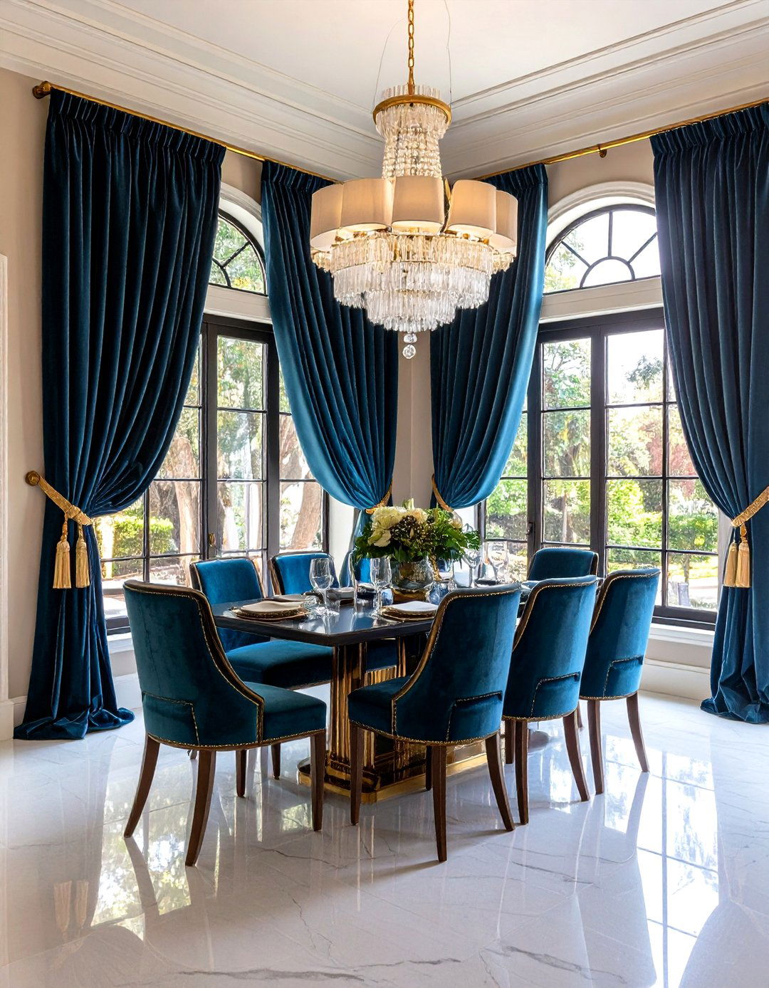 Floor to Ceiling Drapery Softens Geometry - 25 Art Deco Dining Room Ideas