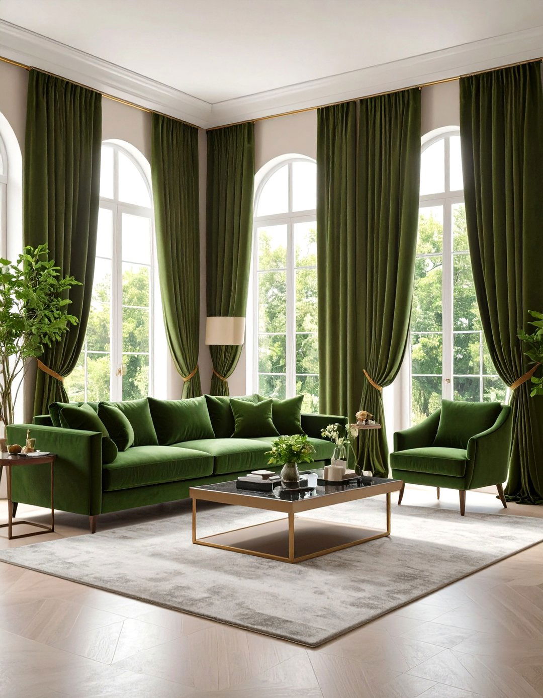Floor to Ceiling Moss Green Curtains - 20 Dark Green Living Room Ideas
