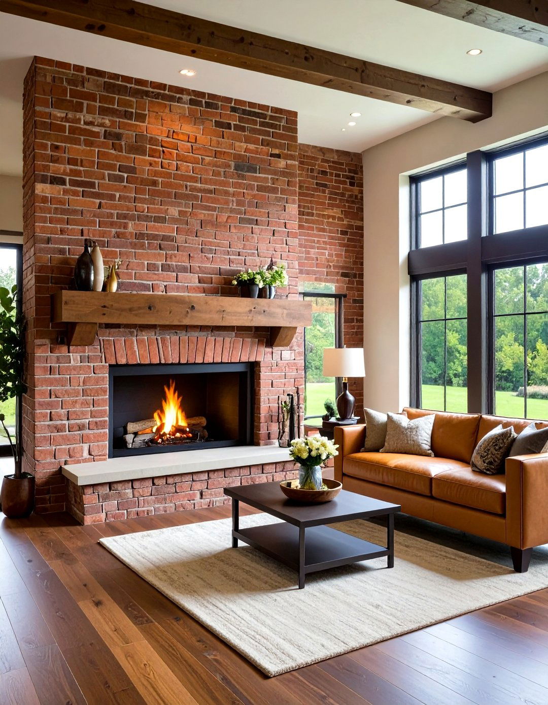 Floor to Ceiling Rustic Brick Fireplace Wall - 20 Rustic Brick Fireplace Ideas