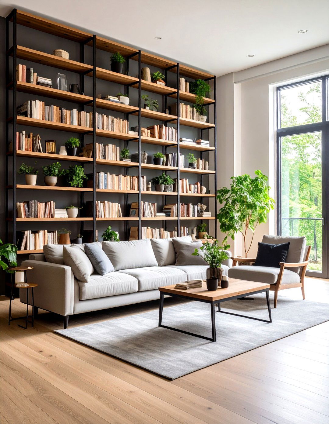 Floor to Ceiling Shelves Enrich Living Rooms - 20 Dark Living Room Ideas