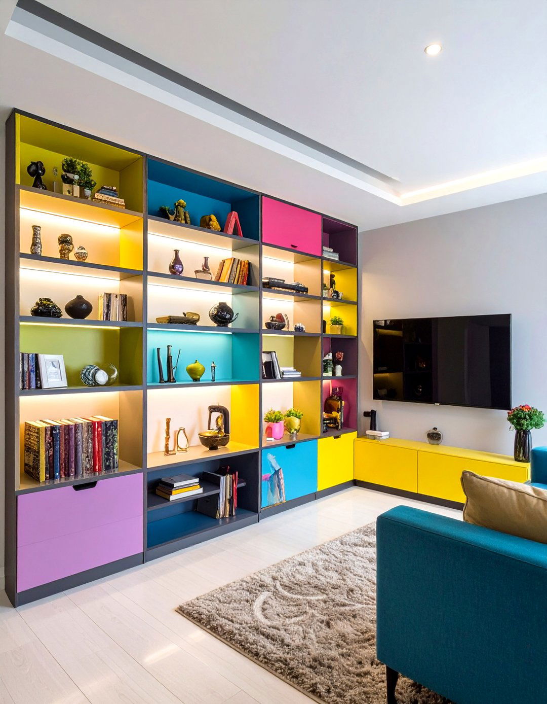 Floor to Ceiling Shelves for Display and Storage - 20 Small Living Room Ideas With Tv and Dining Table