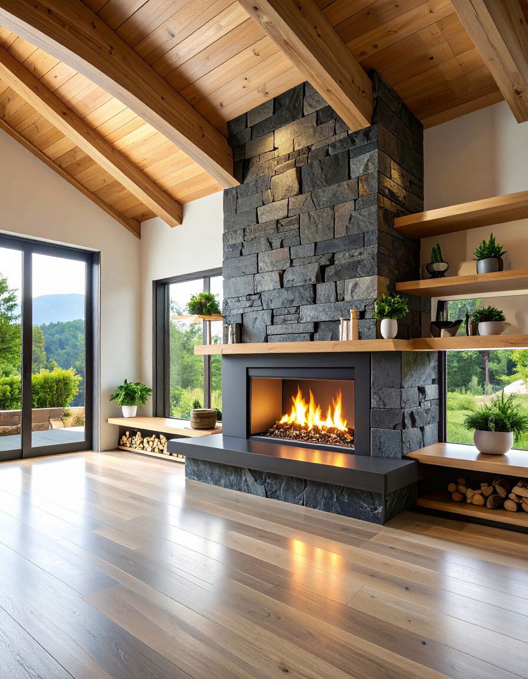 Floor to Ceiling Stacked Stone Makes a Dramatic Statement - 20 Black Stone Fireplace Ideas