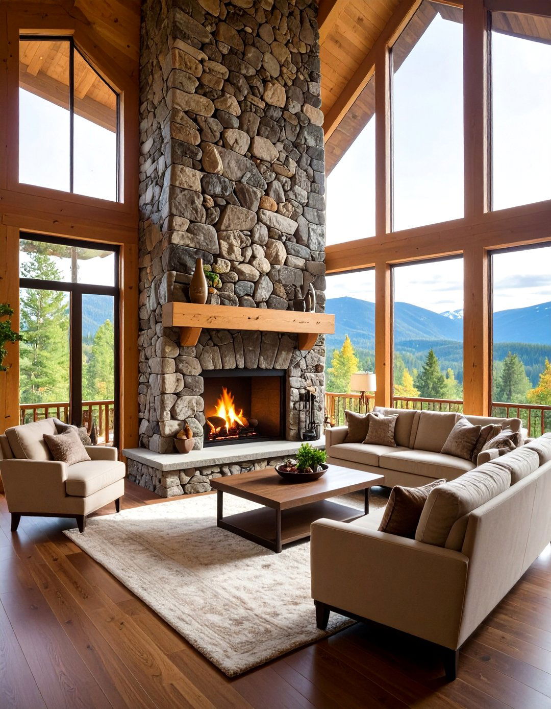Floor to Ceiling Stone Cabin Fireplace - 20 Cabin Fireplace Ideas