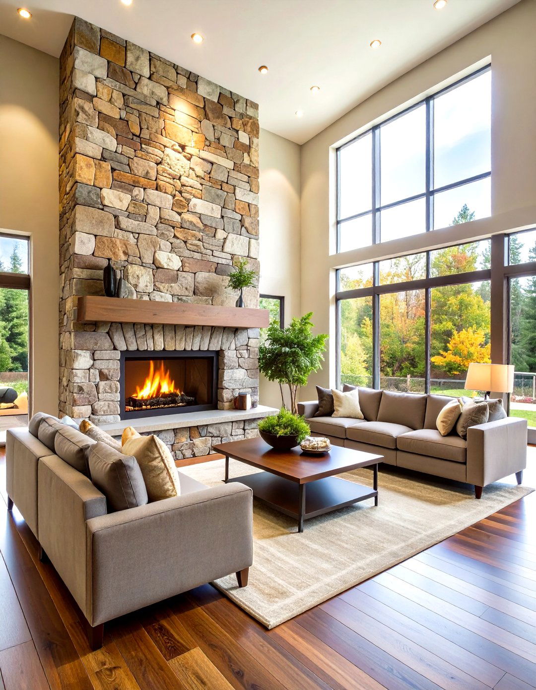 Floor to Ceiling Stone Clad Fireplace - 20 Two-story Fireplace Ideas