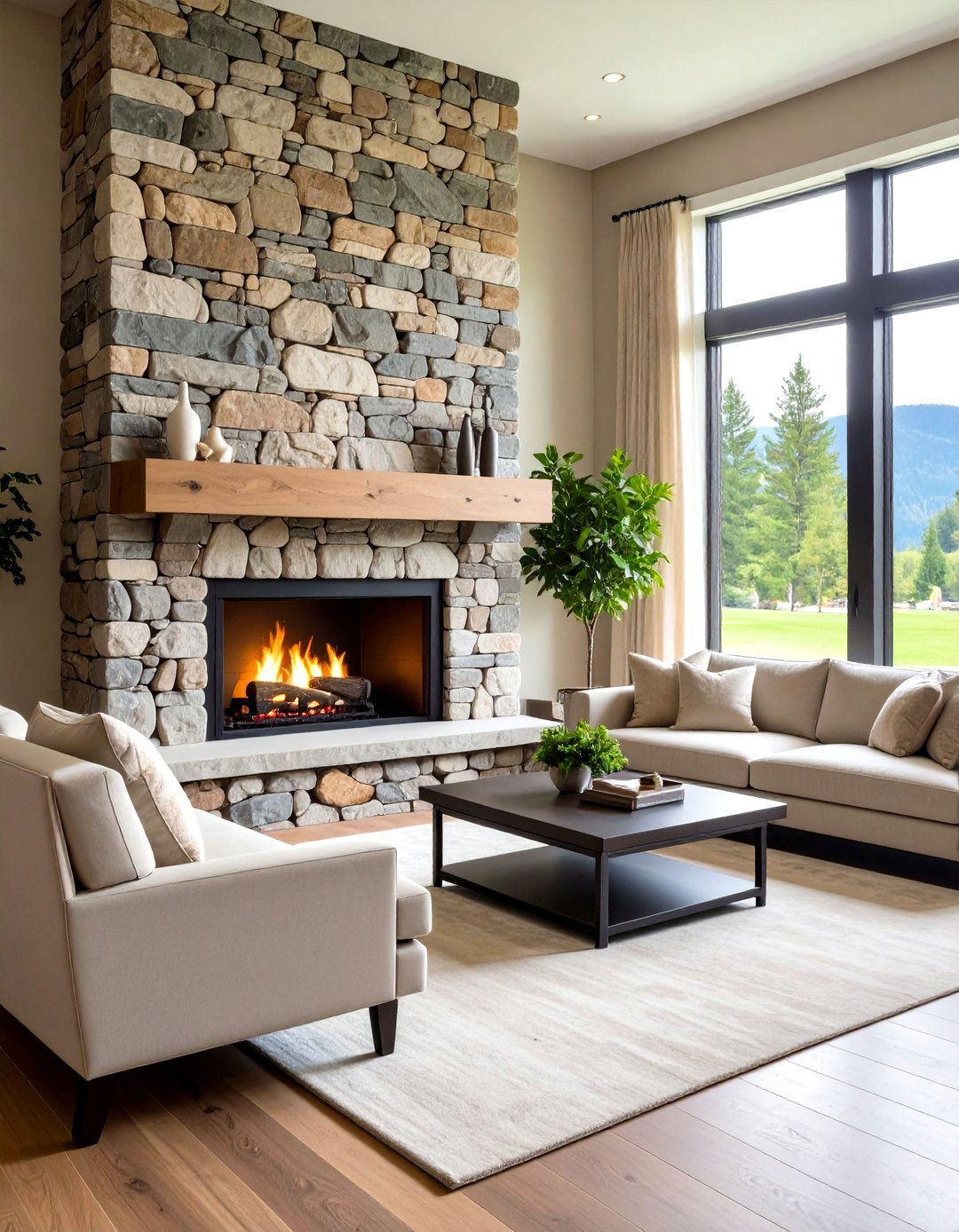 Floor to Ceiling Stone Fireplace Accent - 20 Farmhouse Fireplace Ideas