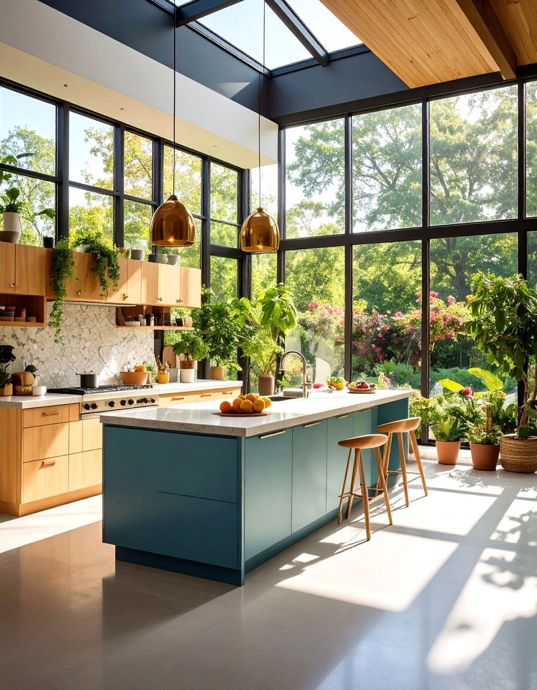 Floor to Ceiling Windows for Biophilic Kitchen - 20 Greenhouse Kitchen Design Ideas