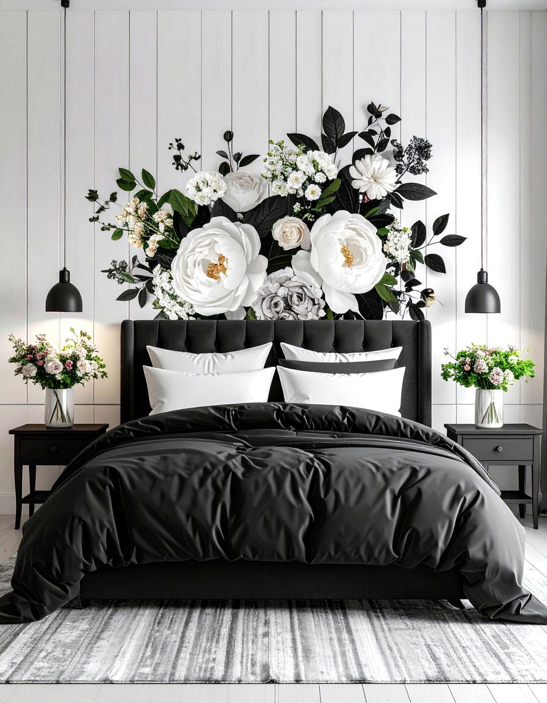 Floral Black and White Wallpaper Makes a Statement - 20 Feminine Black and White Bedroom Ideas