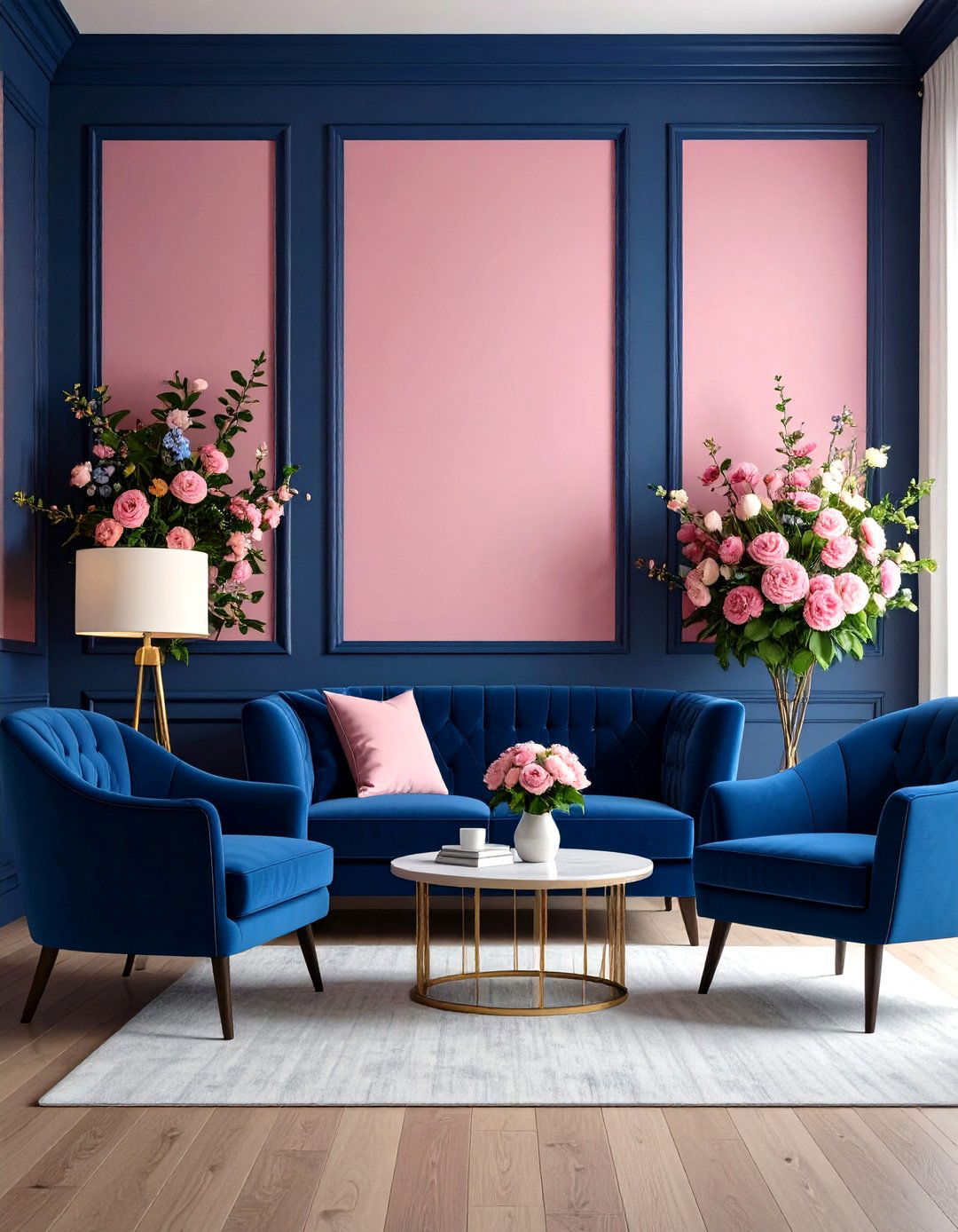 Floral Pink Wallpaper with Blue Trim - 20 Pink and Blue Living Room Ideas