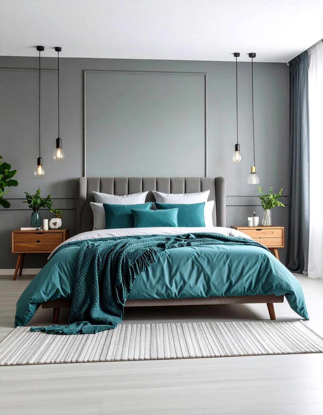 Floral Teal and Grey Wallpaper Feature Wall - 20 Teal and Grey Bedroom Ideas
