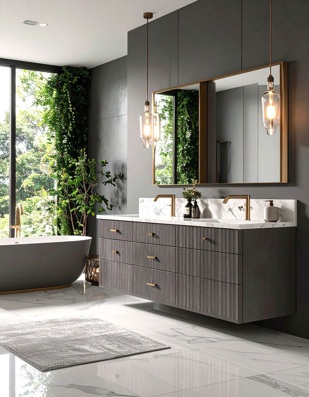 Fluted Drawer Front Gray Vanity Adds Texture - 20 Grey Bathroom Vanity Design Ideas