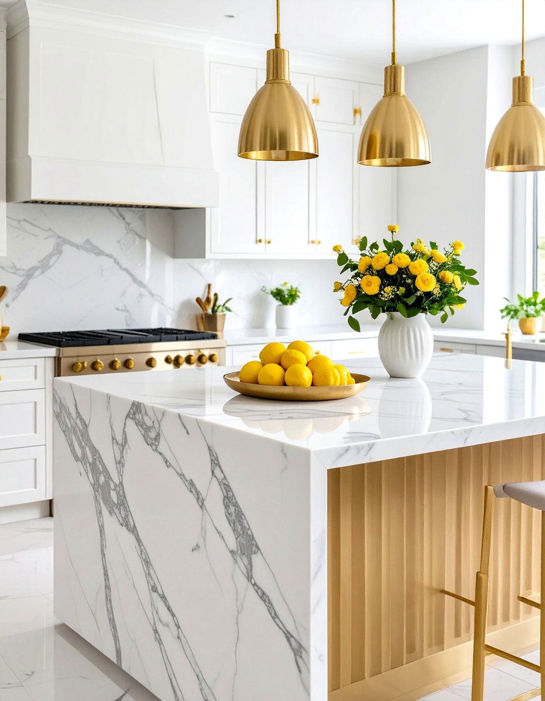 Fluted Marble Kitchen Island Decor with Brass Accents - 20 kitchen island decor ideas