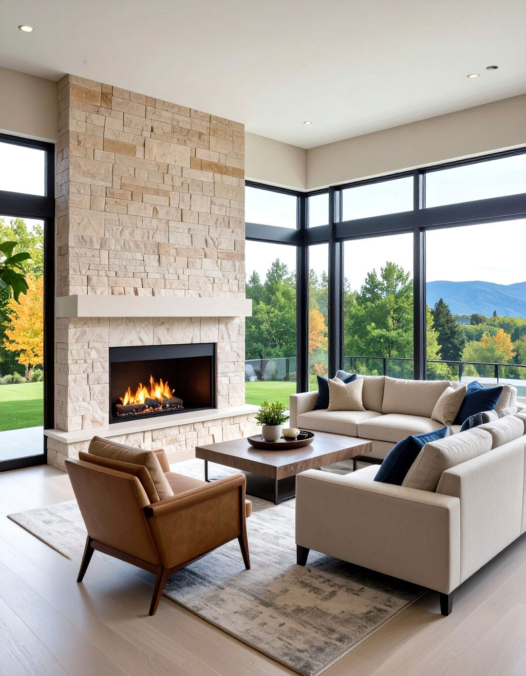 Fluted Stone Fireplace with Minimalist Windows - 20 Fireplace Between Windows Ideas