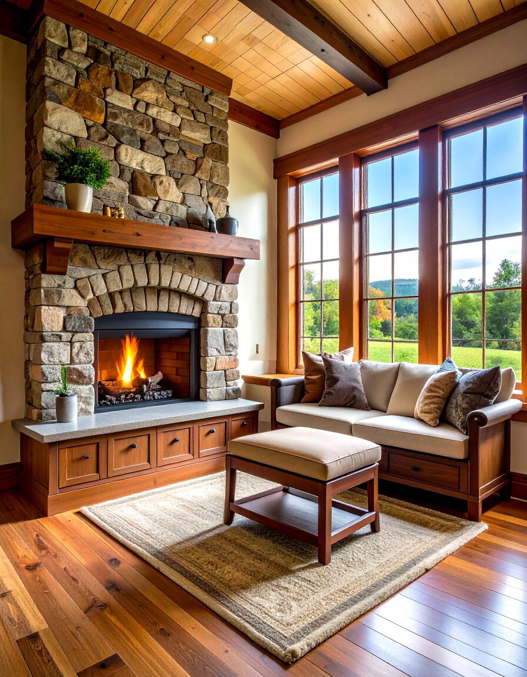 Fluted Wood Cabinets Highlight a Textured Stone Fireplace - 20 Fireplace Built-in Ideas