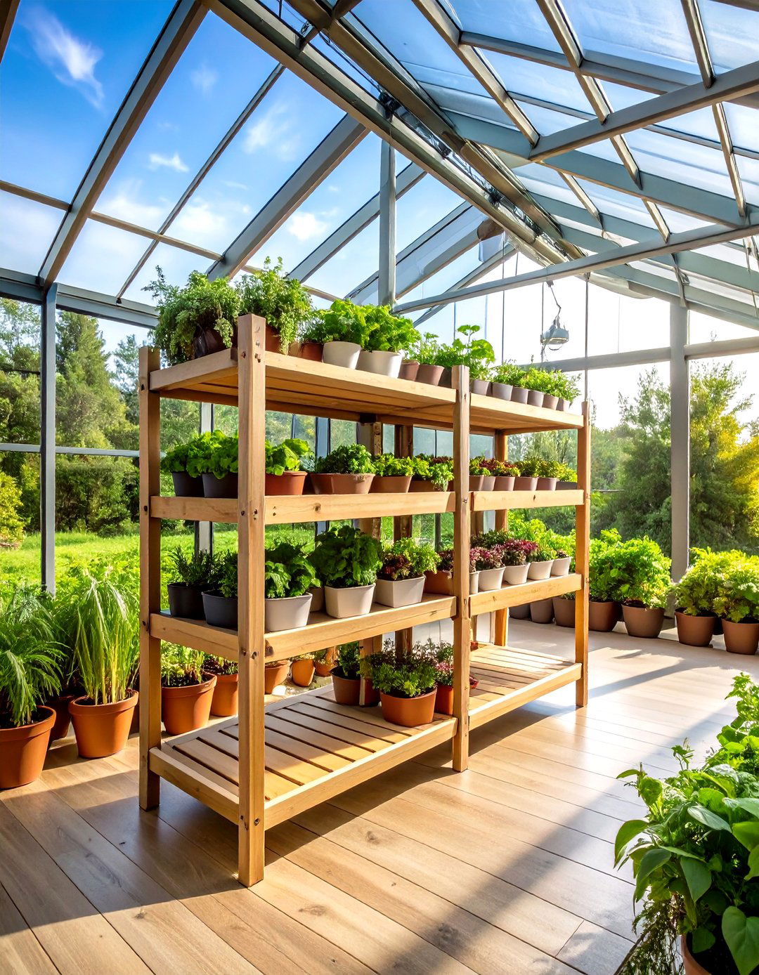 Fold Away Bench Shelving for Seasonal Flexibility - 20 Greenhouse Shelving Ideas