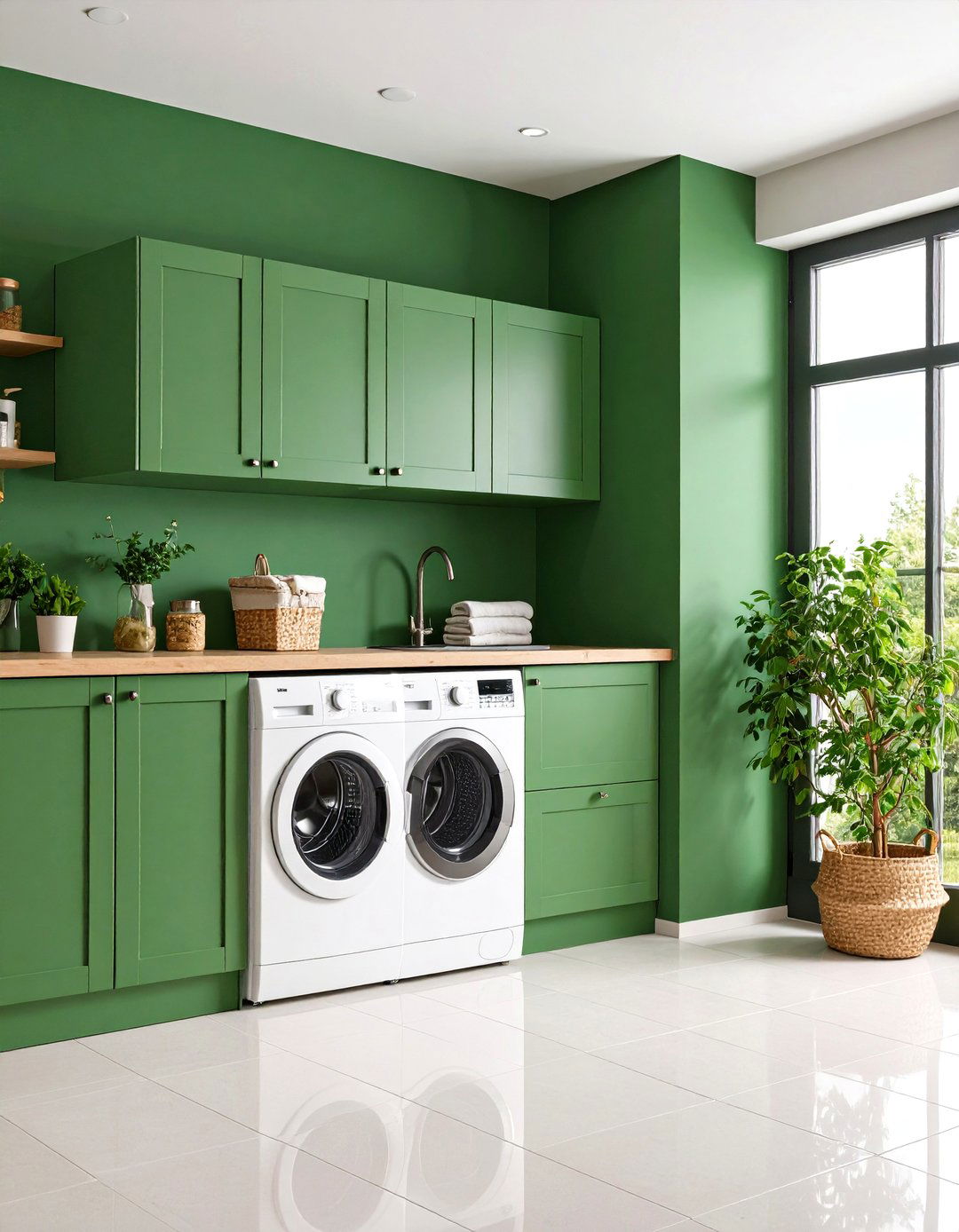 Forest Green Accent Wall Adds Cozy Depth - 20 Green Laundry Room Ideas