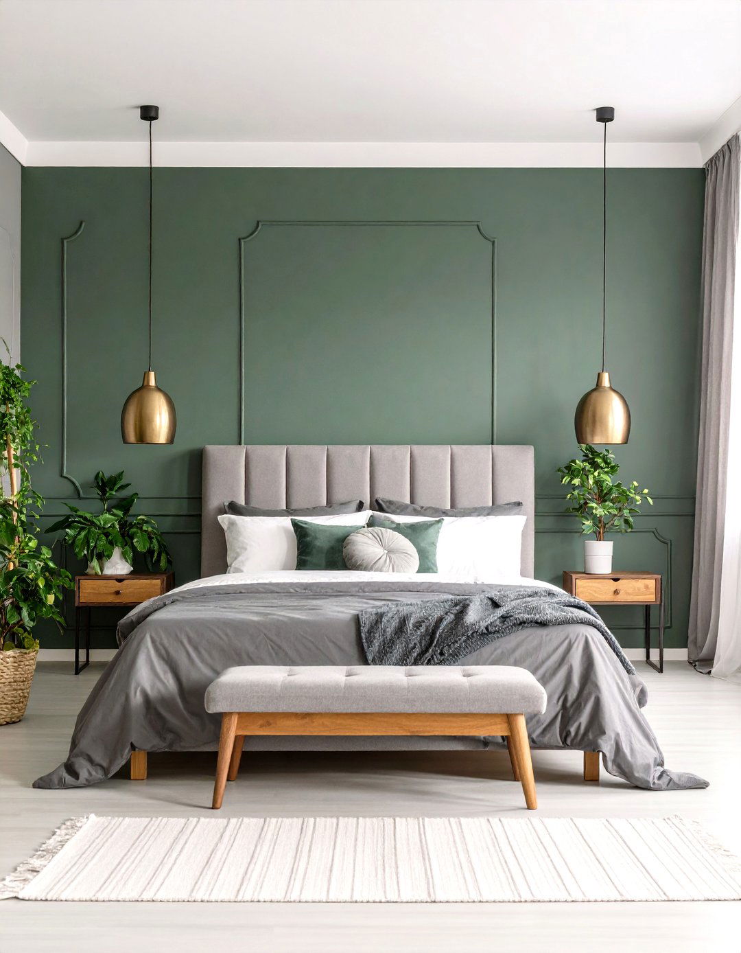 Forest Green Accent Wall with Dove Grey Surrounds - 20 Green and Grey Bedroom Ideas
