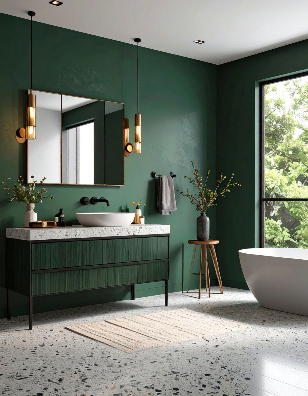 Forest Green Accent Wall with Terrazzo Gray Flooring - 20 Green and Grey Bathroom Ideas