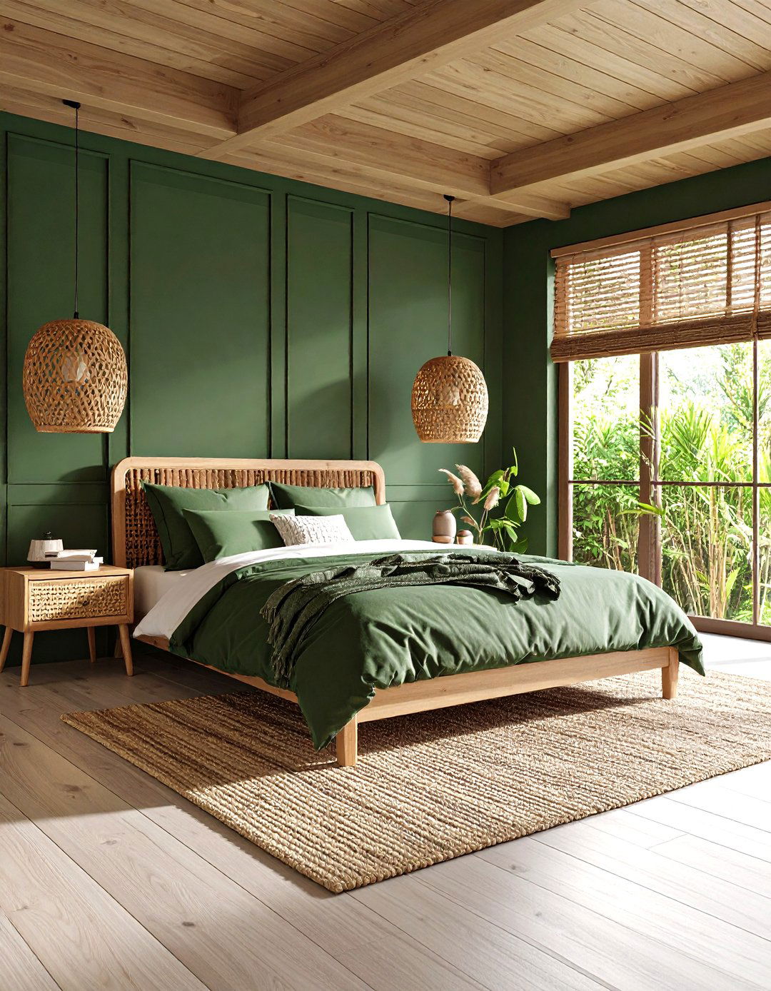 Forest Green Accent Wall with Woven Textures - 20 Dark Green Bedroom Ideas