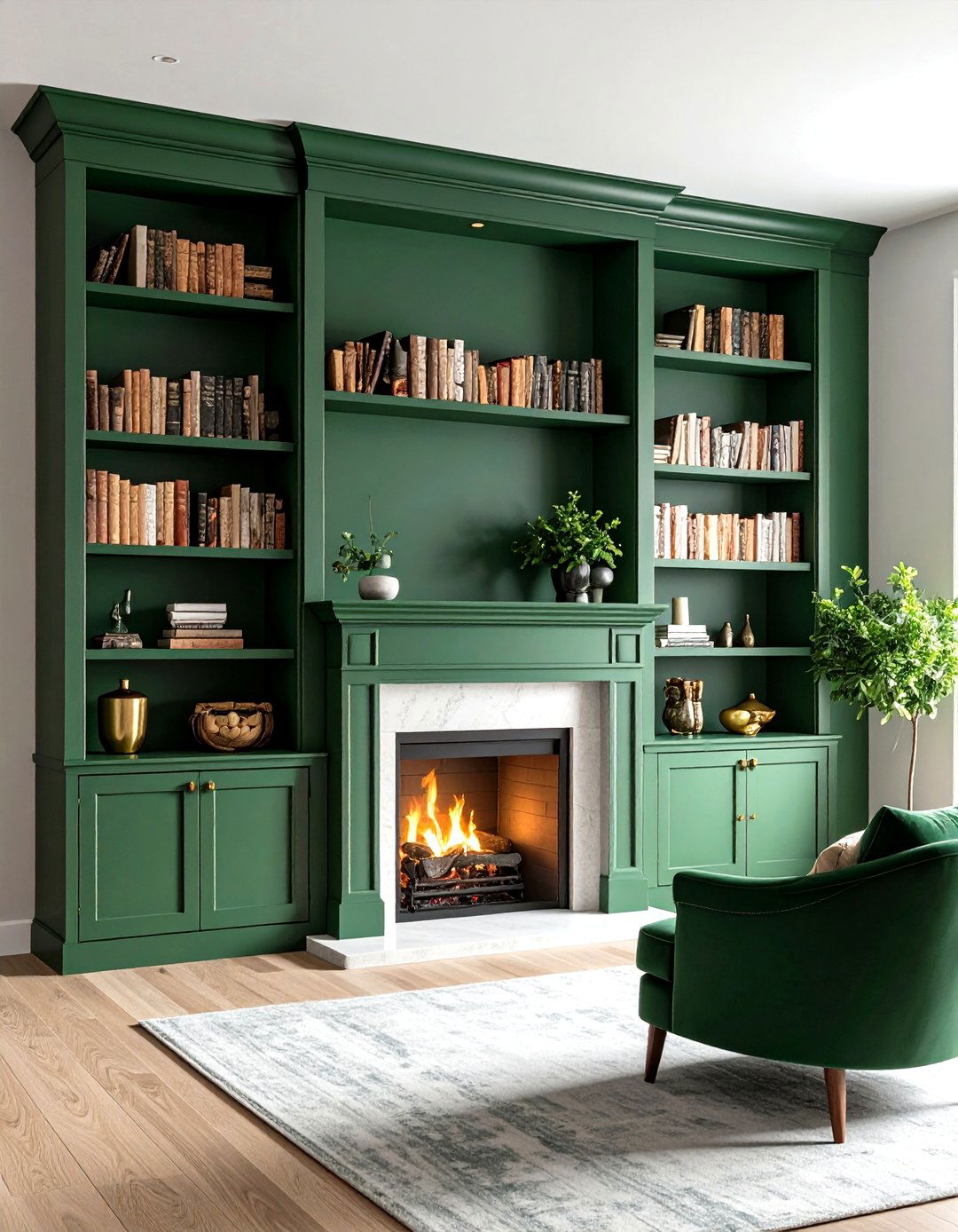 Forest Green Built Ins Framing a Grey Fireplace - 20 Green and Grey Living Room Ideas