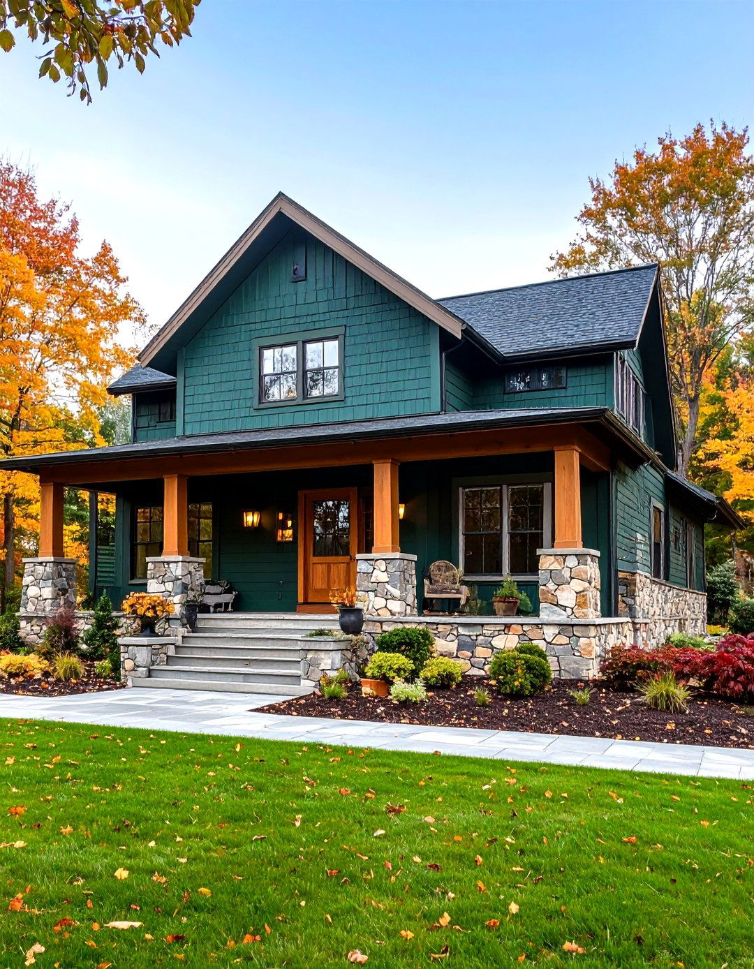 Forest Green Farmhouse Exteriors with Natural Stone Accents - 20 Farmhouse Green Exterior Home Ideas