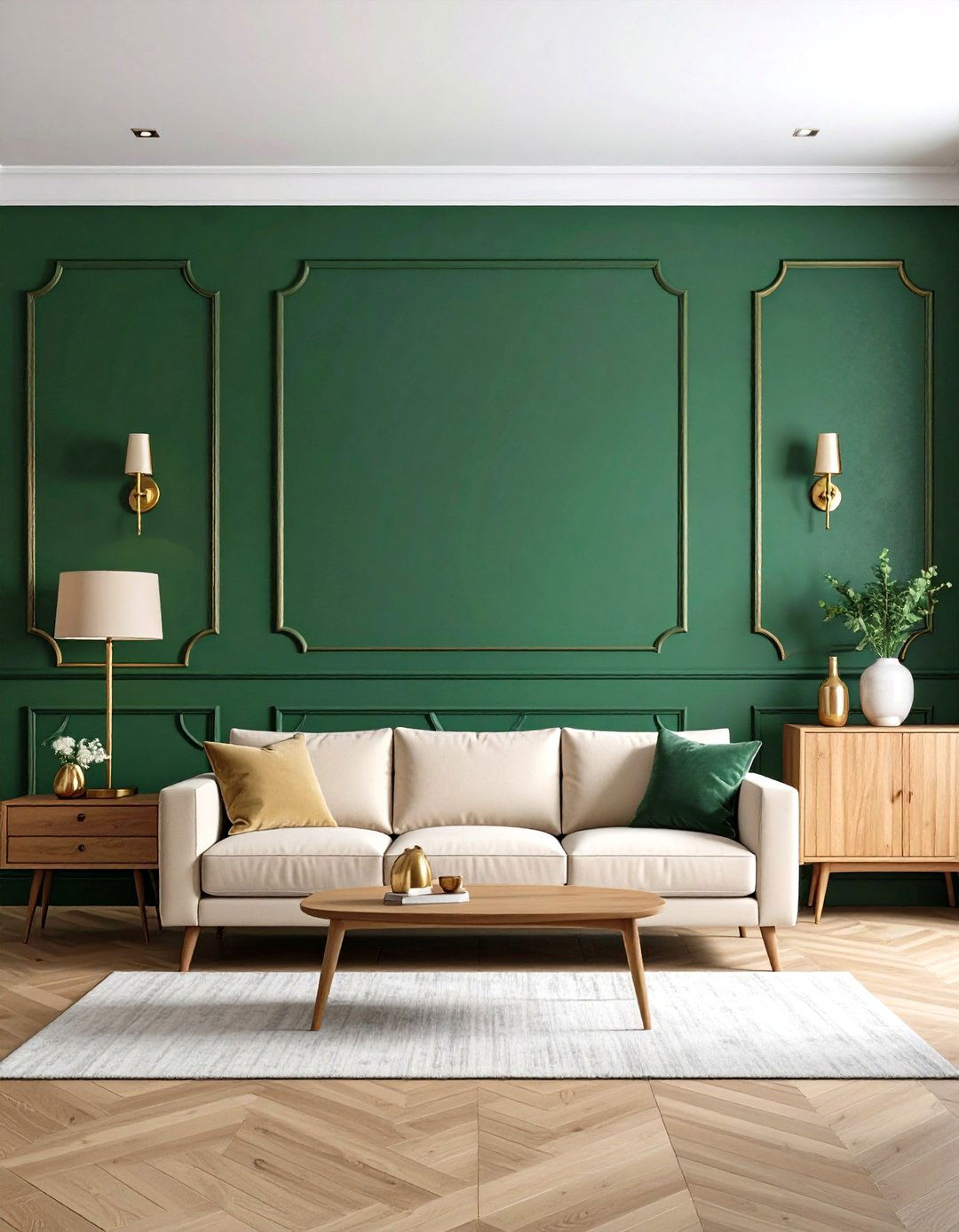 Forest Green Living Room Accent Wall with Gold Geometric Molding - 20 Green and Gold Living Room Ideas