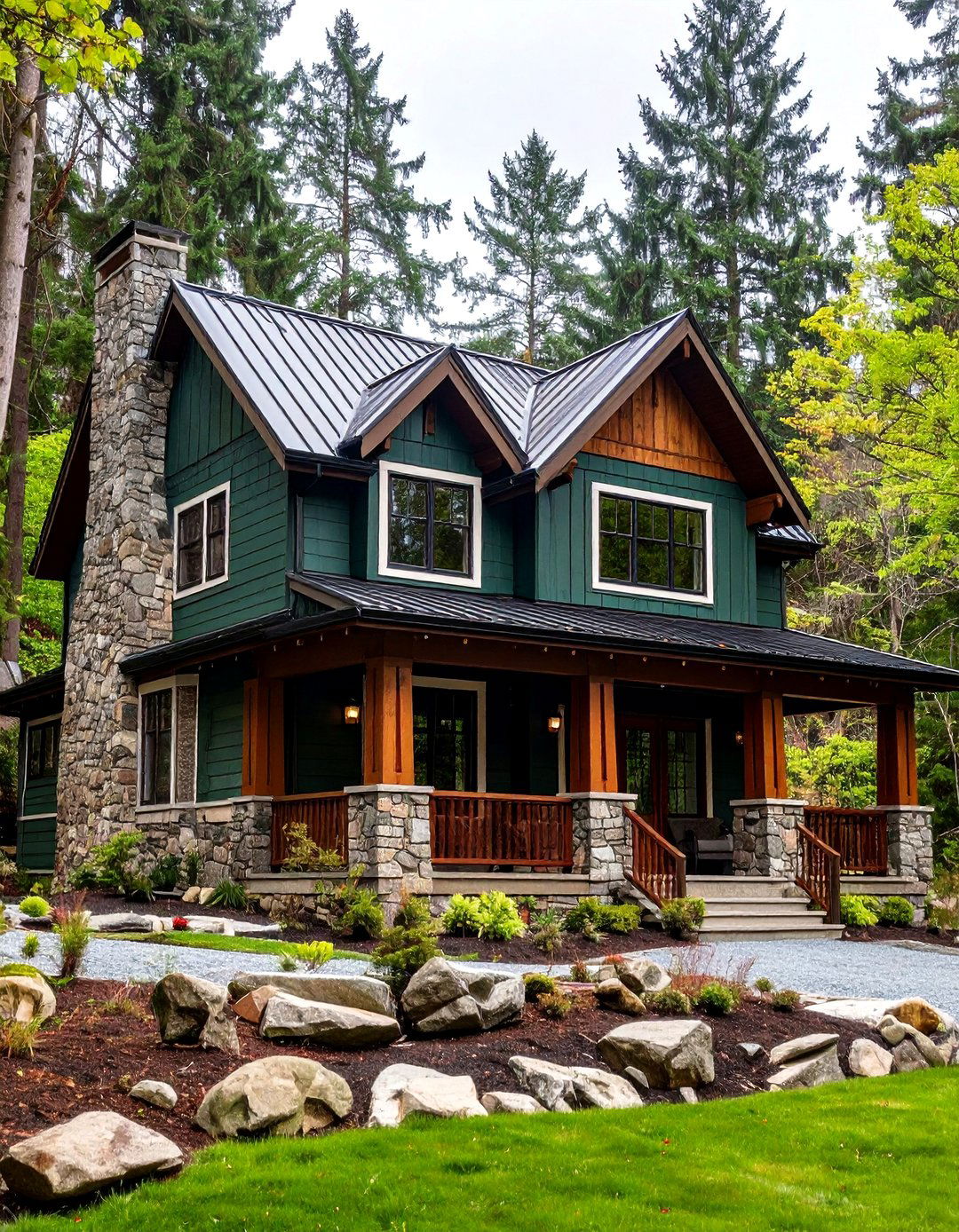 Forest Green Modern Farmhouse Exterior with Natural Stone Foundation - 20 Modern Farmhouse Exterior