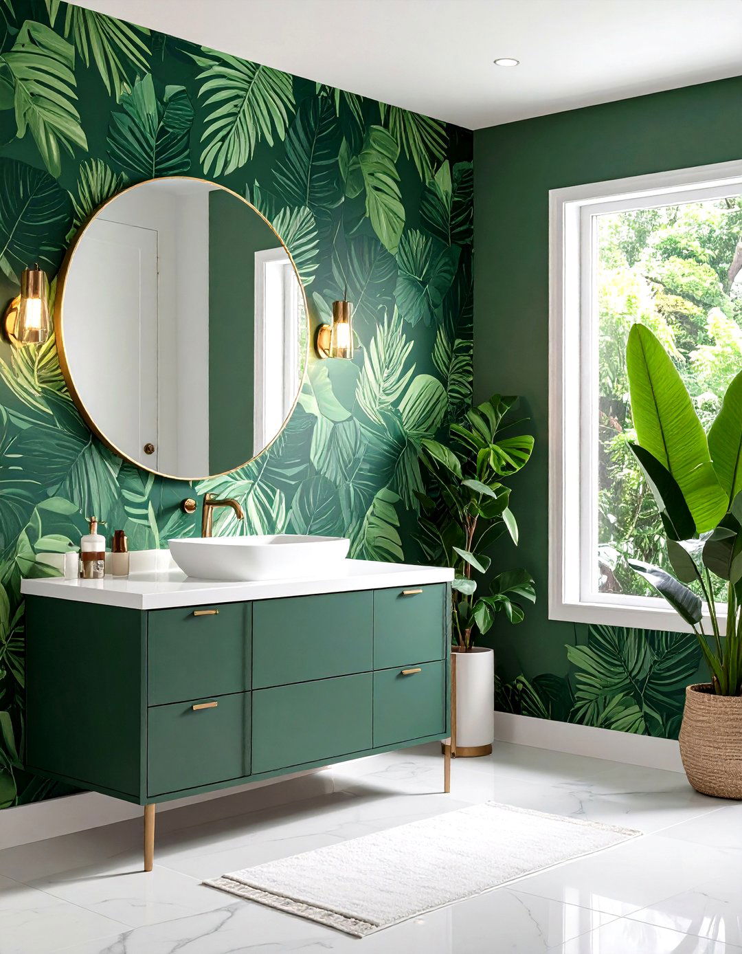 Forest Green Peel and Stick Botanical Wallpaper for a Lush Powder Room - 20 Green Powder Room Ideas