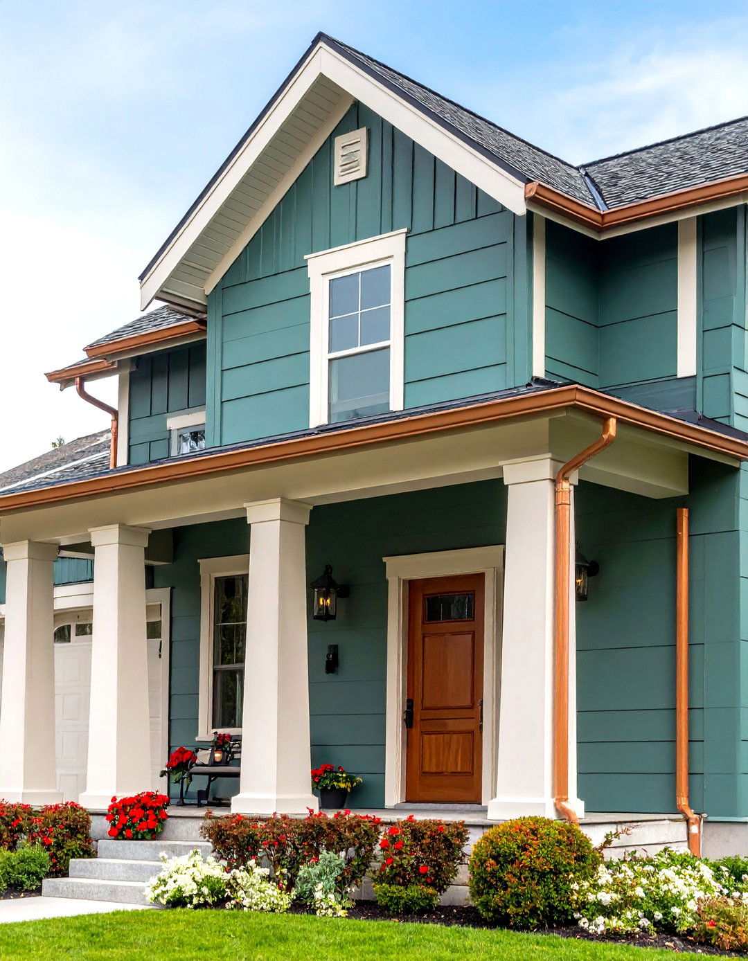 Forest Green Set Off by Copper Gutters - 20 Dark Green Exterior Paint Color Schemes