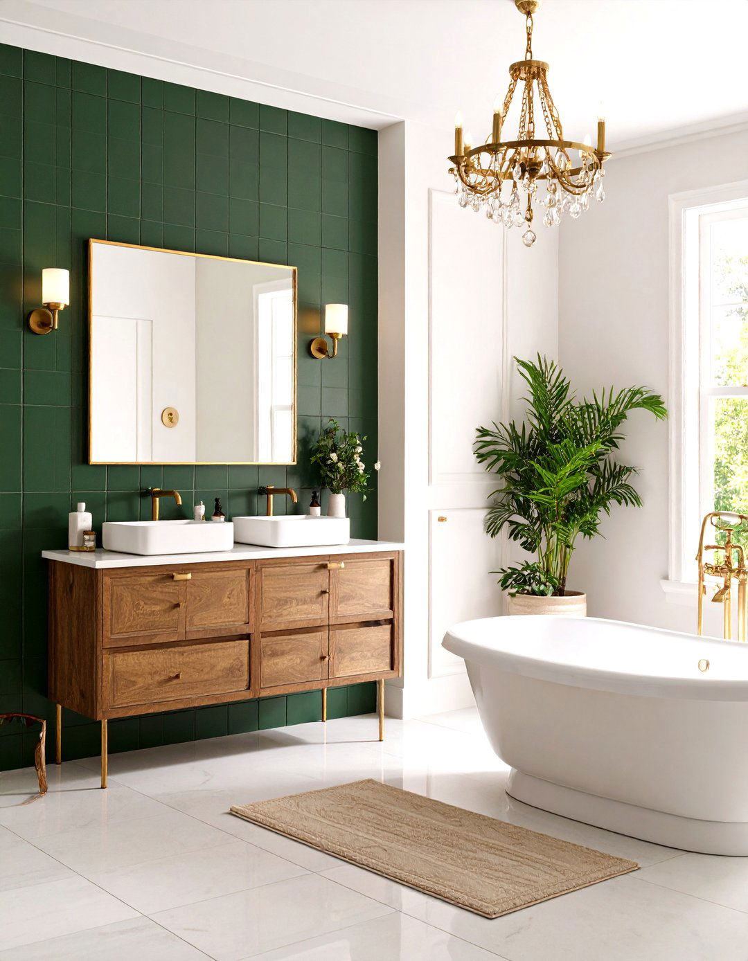 Forest Green Tile Bathroom with Brass Fixtures - 20 Green Tile Bathroom Ideas
