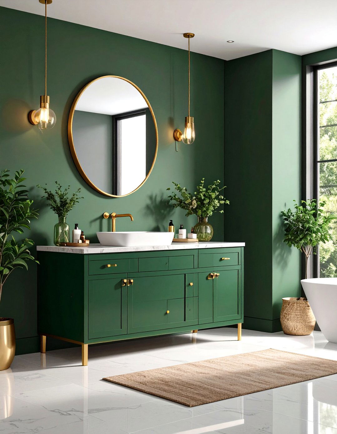 Forest Green Vanity Bathroom with Gold Handles - 20 Green and Gold Bathroom Ideas