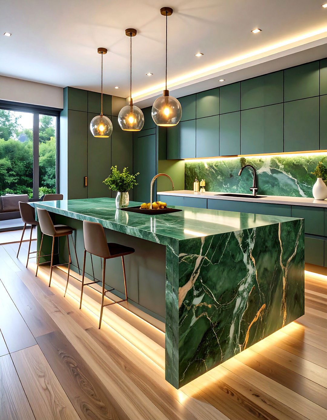 Forest Green Waterfall Edge Monolith - 20 Green Marble Countertop Design Ideas