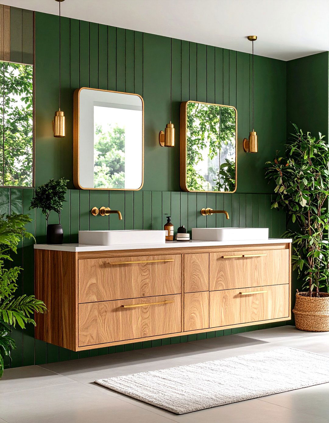 Forest Green and Warm Oak Cabinetry - 20 Forest Green Bathroom Ideas