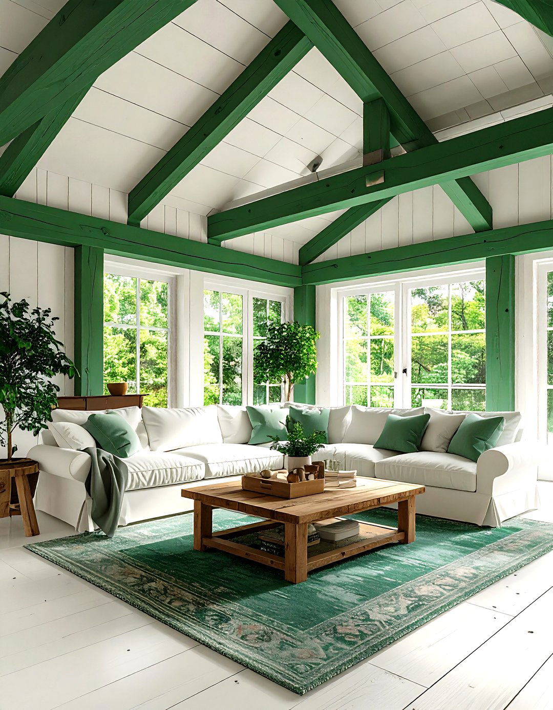Forest Stained Exposed Beam Ceiling Adds Rustic Charm - 20 Green Ceiling Ideas