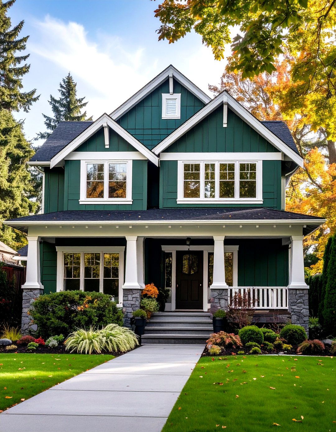 Forest and White Split for Two Tone Interest - 20 Green Exterior House Paint Ideas