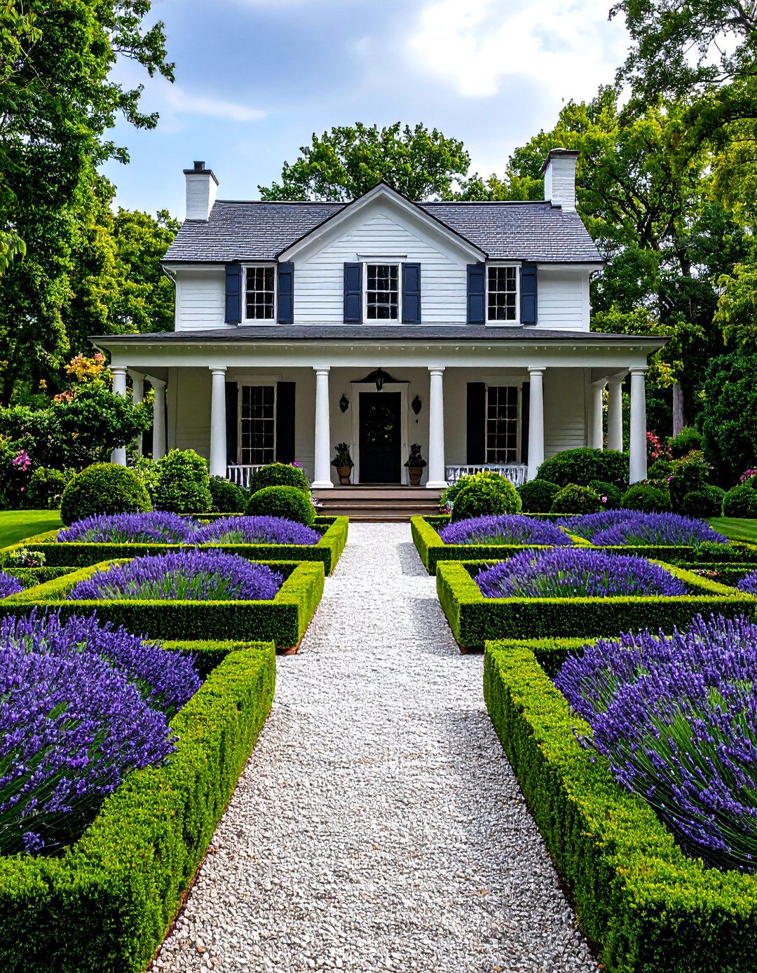 Formal Boxwood Parterre with Gravel Paths - 20 Front Yard Boxwood Designs