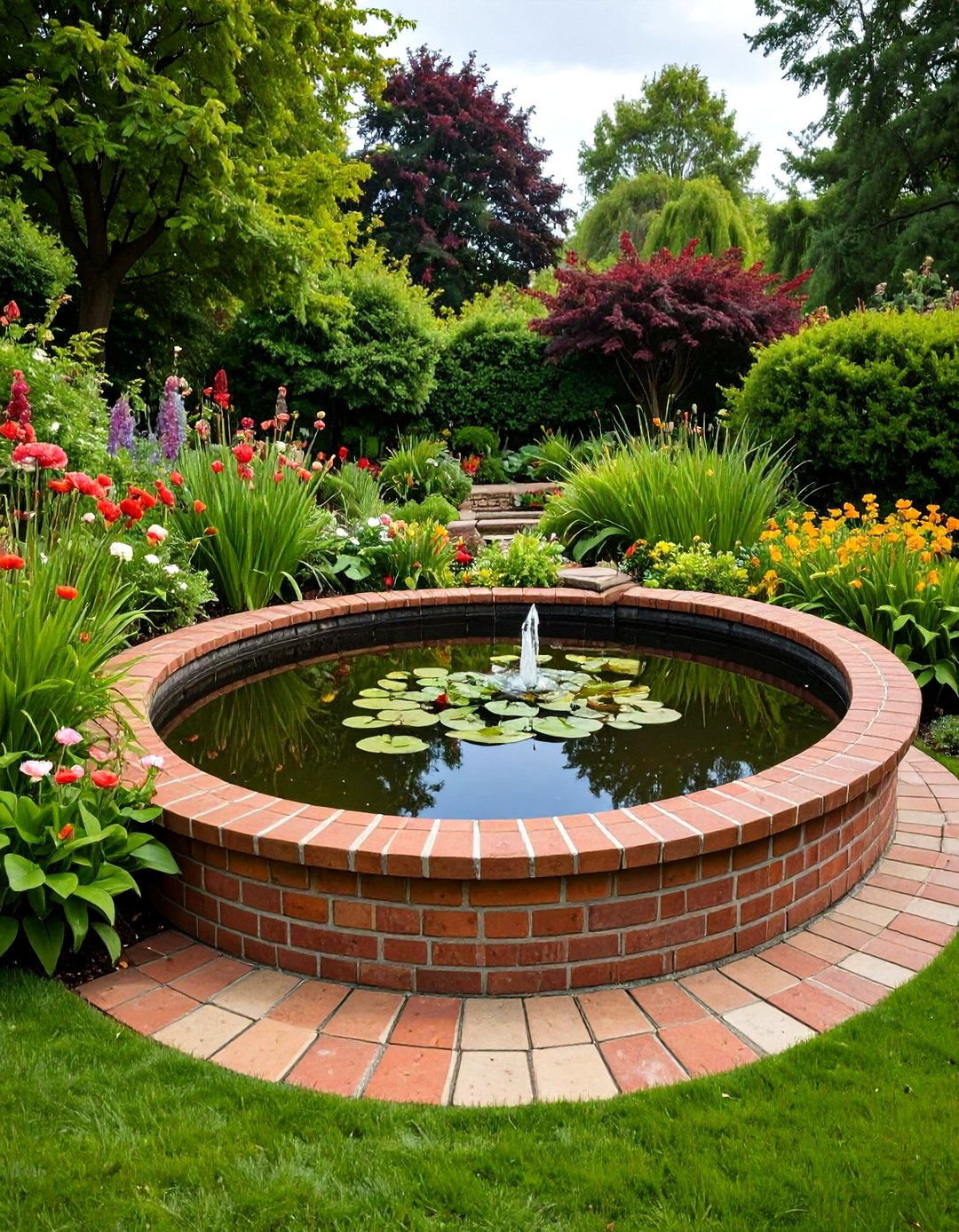 Formal Brick Raised Garden Pond with Classical Garden Integration - 20 Raised Garden Pond Ideas