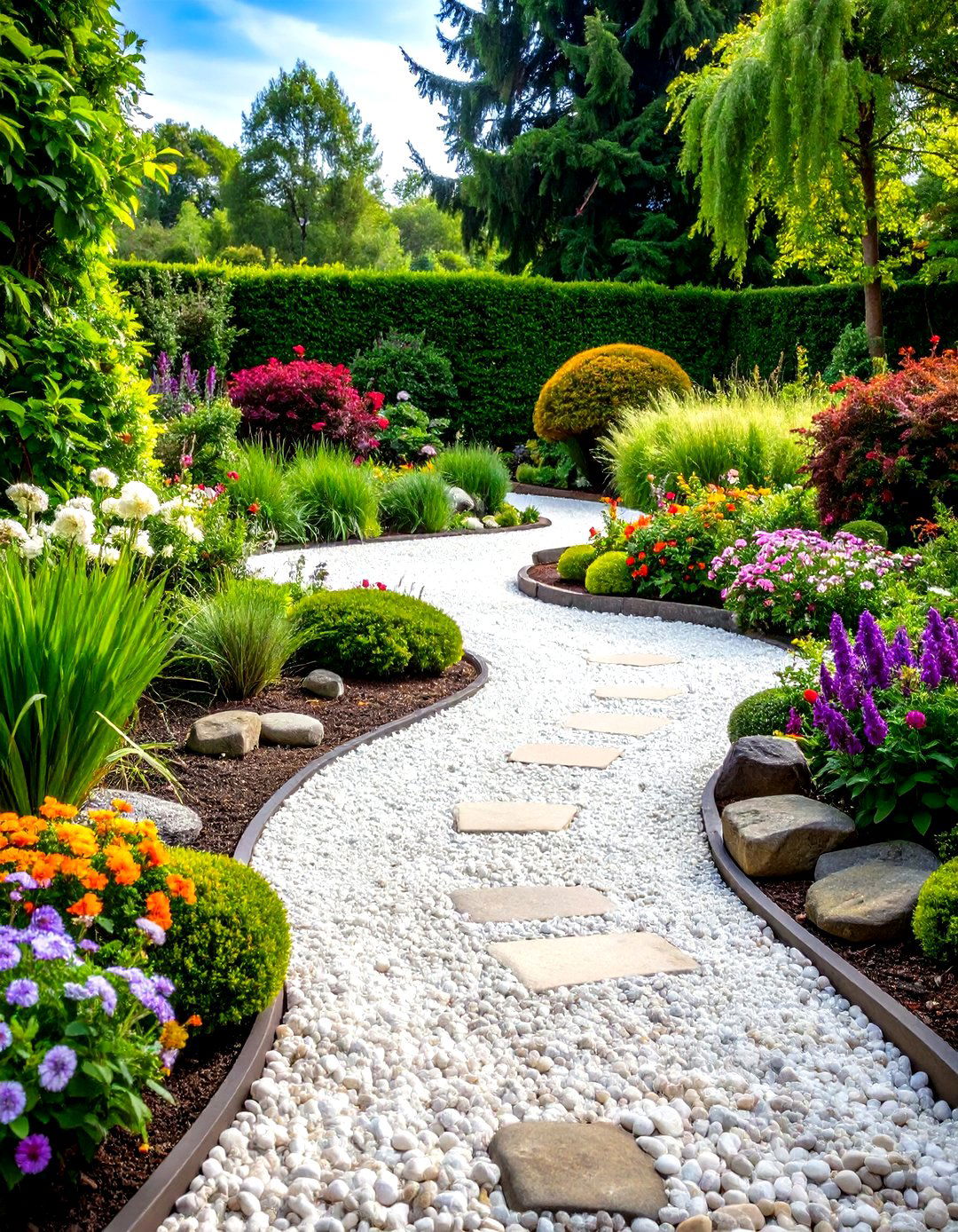 Formal Garden Pea Gravel Walkway with Geometric Patterns - 20 Pea Gravel Walkway Ideas