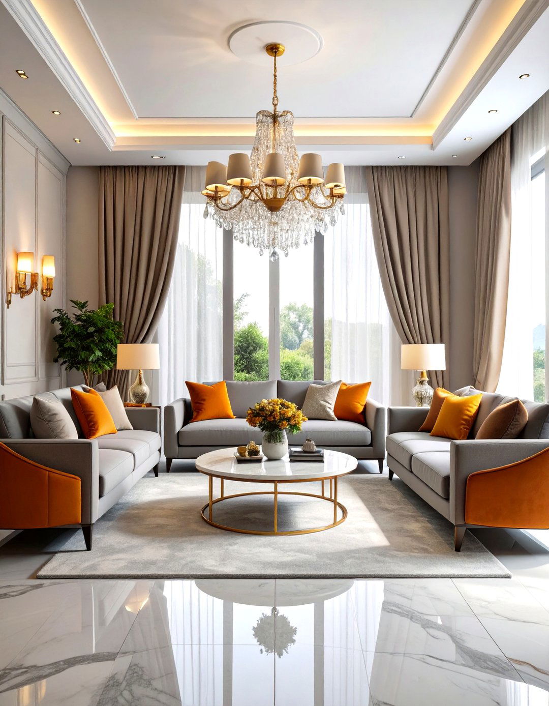 Formal Orange and Grey Living Room with Elegant Symmetry - 20 Orange and Grey Living Room Ideas